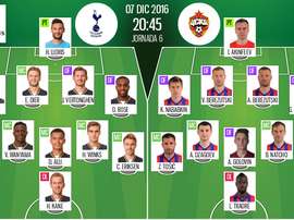 Alineaciones oficiales del Tottenham-CSKA de Moscú de la jornada 6 de la Champions League 2016-17. B