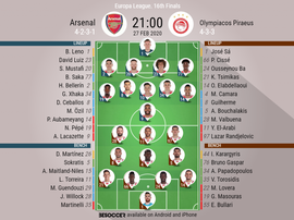Arsenal v Olympiacos, Europa League last 32, 27/10/19 - official-line-ups. BeSoccer