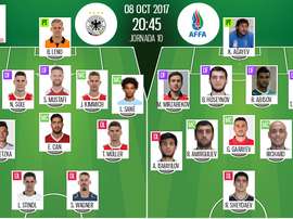 As escalações de Alemanha e Azerbaijão, respetivamente, para esse jogo. BeSoccer