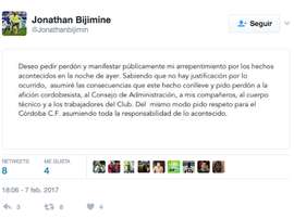 El central congoleño publicó un 'tuit' en el que reconoció su error. Bijimine