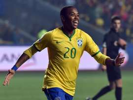 Brazil forward Robinho celebrates after scoring against Paraguay during their 2015 Copa America football championship quarter-final match, in Concepcion, Chile, on June 27, 2015
