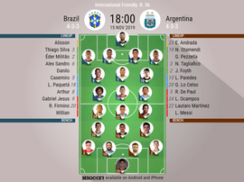 Brazil v Argentina, Annual Friendly, 2019/20, matchday 36, 15/11/2019 - official line.ups. BESOCCER