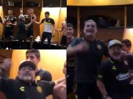 El técnico celebró por todo lo alto su primera victoria. Captura/Ole