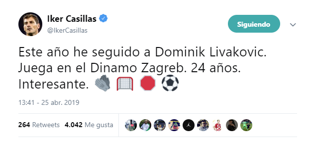 Casillas recomendÃ³ al meta Livakovic. Twitter/IkerCasillas