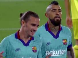 Griezmann marcou dois golaços no primeiro tempo contra o Villarreal. Captura/Movistar+