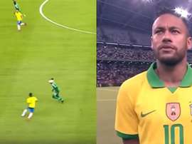 Capturas de Neymar e seu chapeuzinho em jogador adversário em jogo amistoso. Capturas/DAZN