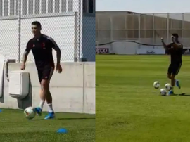 CR7 escapa dos chutes dos companheiros com dribles. Captura/JuventusFC