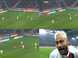 Neymar abre o placar com golaço de fora da área. Canal+/ESPN