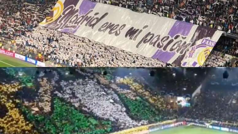Dos 'tifos' bien distintos, pero con una misma razón de ser. Twitter/madridistapuro4/rafagomez87
