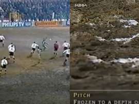El campo del Legia, congelado y embarrado. Capturas/Mega