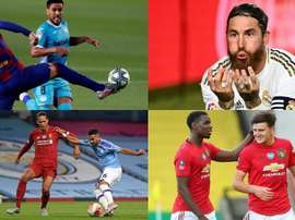 Piqué, Sergio Ramos, Van Dijk e Maguire, zagueiros que contribuem no ataque. EFE/AFP