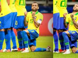 Montage de Dani Alves qui prie pendant que Messi tire un coup franc. Montage/DAZN