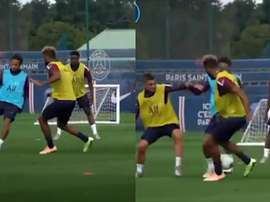 Neymar nutmegged Choupo-Moting. Screenshot/PSG