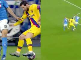 La 'delicatessen' de Messi: un toque burlar a dos rivales. Twitter/ChampionsLeague