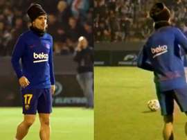 Descontração de Antoine Griezmann foi flagrada durante aquecimento. Captura/FCBarcelona