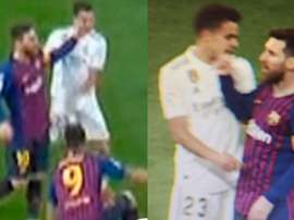 Messi a mis la main sur la bouche de Reguilón. Twitter @nmj_rafa/ @JLSanchez78