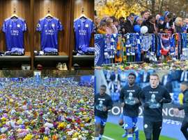Flores, mensagens e camisas comemorativas em homenagem a Vichai. LeicesterFC