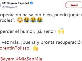 Tolisso bromeó tras la operación. Twitter/FCBayernES