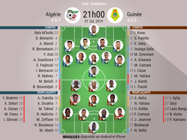 Compos officielles Algérie-Guinée, huitième de finale de la CAN 2019. BeSoccer