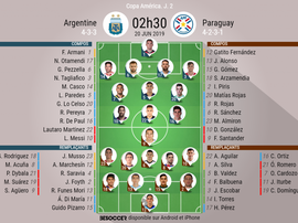 Compos officielles Argentine - Paraguay, J2, Copa América, 20/06/2019. Besoccer