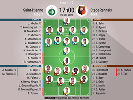 Compos officielles ASSE - Stade Rennais, Ligue 1, J5, 2020. BeSoccer