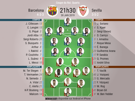 Compos officielles Barcelone - Séville, Coupe du Roi, Quarts, 30/01/2019. Besoccer