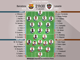 Compos officielles Barcelone-Levante, 8èmes retour, Coupe du Roi, 17/01/19. BeSoccer