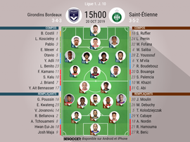Compos officielles Bordeaux-ASSE, Ligue 1, J10, 20/10/2019. BeSoccer