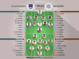 Les compos officielles du match de Ligue 1 entre Bordeaux et Montpellier. BeSoccer