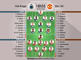 Compos officielles Bruges - Man United, Europa League, 16ème aller, 20/02/2020, BeSoccer