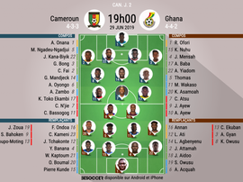 Compos officielles Cameroun-Ghana, CAN, Phase de poules, 29/06/2019. BeSoccer.