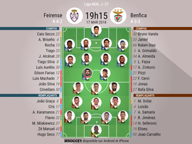 Compos officielles Feirense-Benfica, 27ème journée de Liga NOS, 17/03/2018. BeSoccer