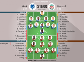 Compos officielles Genk-Liverpool, Champions League, J3, 23/10/2019. BeSoccer