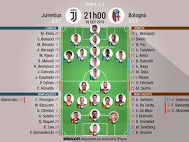 Compos officielles Juventus-Bologne, 6ème journée de Serie A, 26/09/2018. BeSoccer