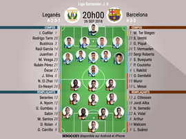Compos officielles Leganés-Barcelone, J6, Liga, 26/09/18. BeSoccer