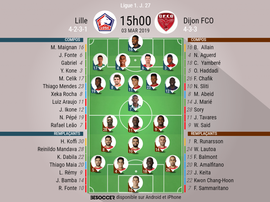 Compos officielles Lille-Dijon, 27ème journée de l'édition 2018-19 de Ligue 1, 03/03/2019. BeSoccer