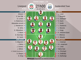 Compos officielles Liverpool-Huddersfield Town, 36ème journée de l'édition 2018-19 de PL. BeSoccer