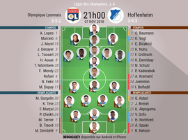 Compos officielles Lyon - Hoffenheim, J4, Champions League, 07/11/2018. Besoccer