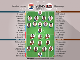 Compos officielles Lyon-Guingamp, 25ème journée de l'édition 2018-19 de Ligue 1. BeSoccer