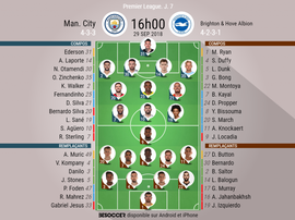 Compos officielles Man.City-Brighton, 7ème journée de PL, 29/09/2018. BeSoccer