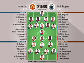 Compos officielles Man United - Bruges, Europa League, 16ème retour, 27/02/2020, BeSoccer