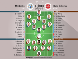 Compos officielles Montpellier - Reims, J26, Ligue 1, 24/02/2019. Besoccer