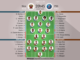 Compos officielles Nice-PSG, 10ème journée de la saison 2019-20 de Ligue 1, 18/10/2019. BeSoccer