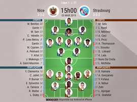 Compos officielles Nice-Strasbourg, 27ème journée de Ligue 1, 03/03/2019. BeSoccer