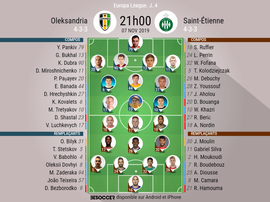 Compos officielles Oleksandria-ASSE, Europa League, J4, 07/11/2019. BeSoccer
