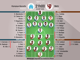 Compos officielles OM - Metz, Ligue 1, J5, 26/09/2020. BeSoccer