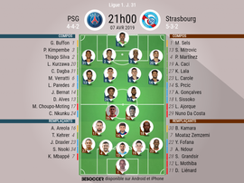 Compos officielles PSG-Strasbourg, Ligue 1, J 31, 07/04/2019, BeSoccer