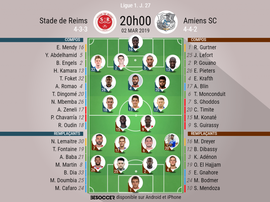 Compos officielles Reims-Amiens, 27ème journée de l'édition 2018-19 de Ligue 1, 02/03/2019. BeSoccer