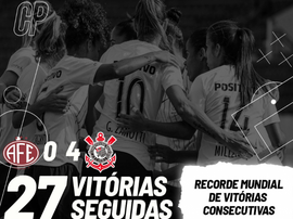 Time feminino do Corinthians iguala recorde mundial. Twitter/SCCPFutFeminino