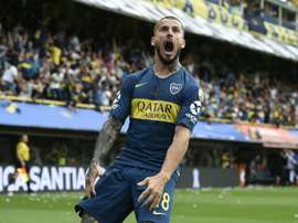 Darío Benedetto, celebrando su gol contra River Plate en la final de la Copa Libertadores. BocaJunio